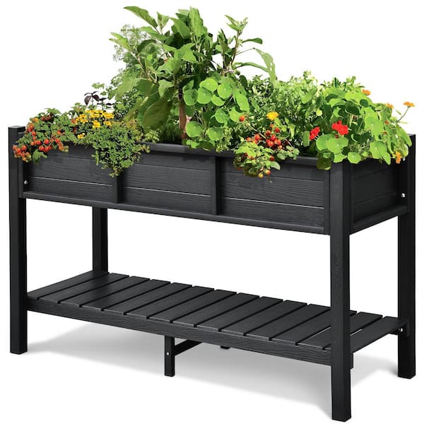 DEXTRUS 46.5 in. x 17.7 in. Black Plastic Garden Raised Planter Box with Shelf