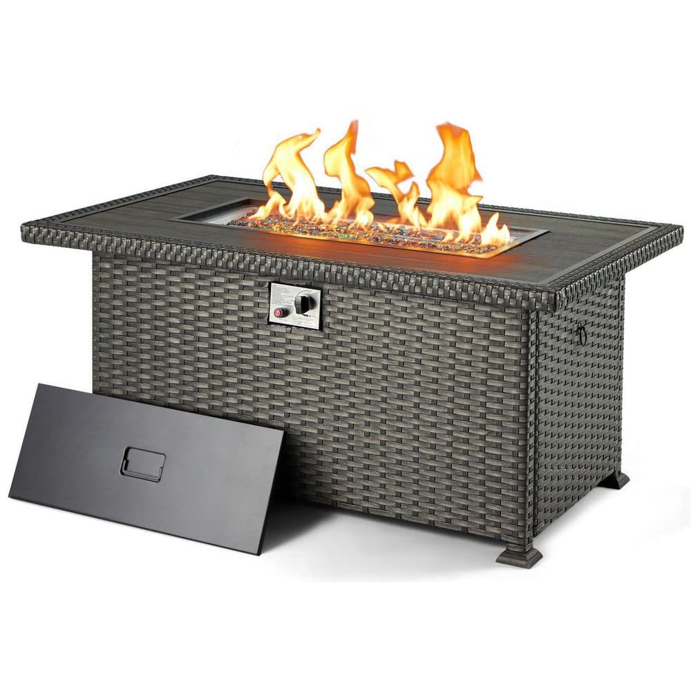 50 in. Black Outdoor Wicker Propane Gas Fire Pit Table 50,000 BTU with Glas