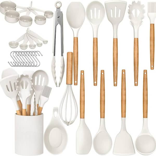 Non-Stick Silicone with Wooden Handle Cream White Baking Spoonula Sets with Holder for Daily Cooking (33-Pack)