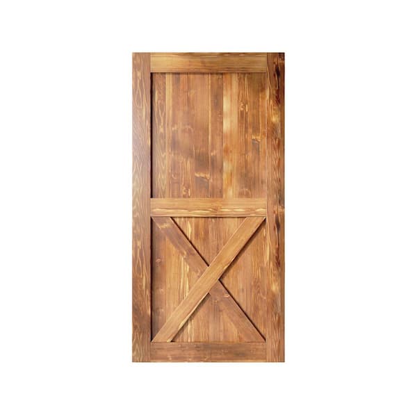 HOMACER 42 in. x 84 in. X-Frame Early American Solid Natural Pine Wood Panel Interior Sliding Barn Door Slab with Frame