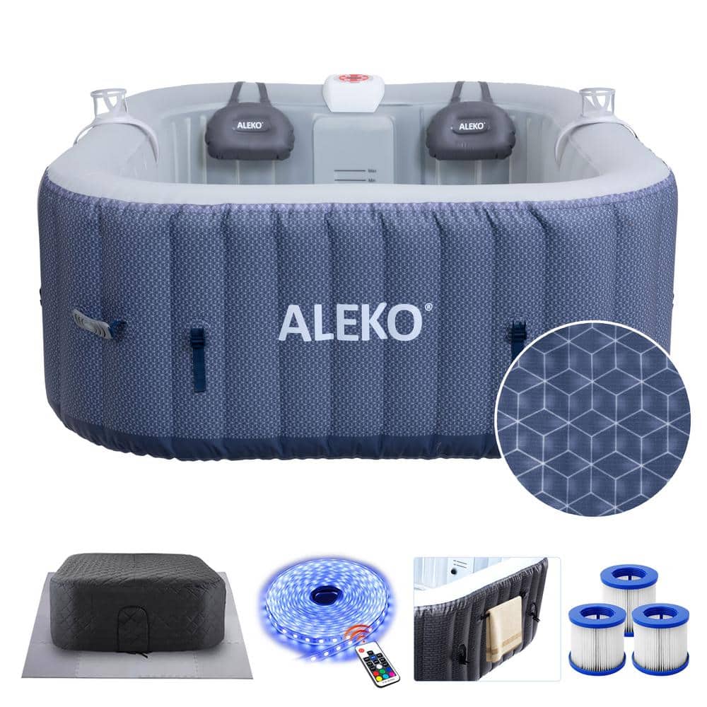 4-Person 120-Jet Lucca Inflatable Jetted Square Hot Tub with Energy Efficient Cover Blue with Square Pattern 158 Gal