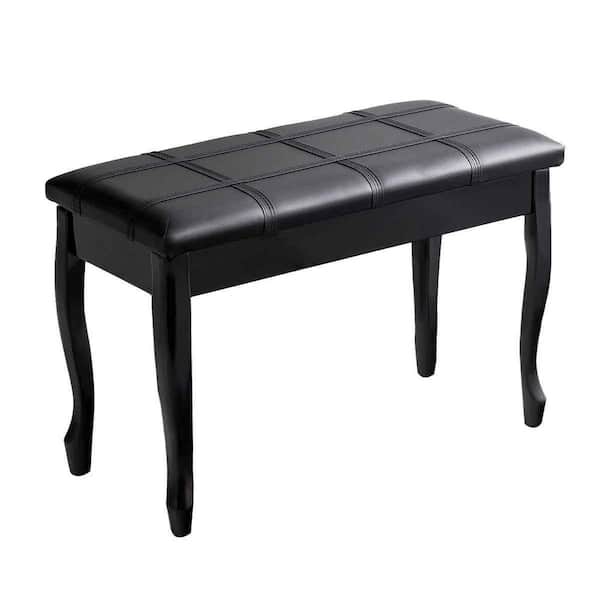 HONEY JOY Black PU Leather Piano Bench Solid Wood Padded Double Duet Keyboard Seat w/Storage Box (19.5 in. x 29.5 in. x 14 in.)