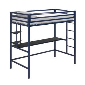 Maxwell Metal Twin Loft Bed with Desk and Shelves, Blue/ Black