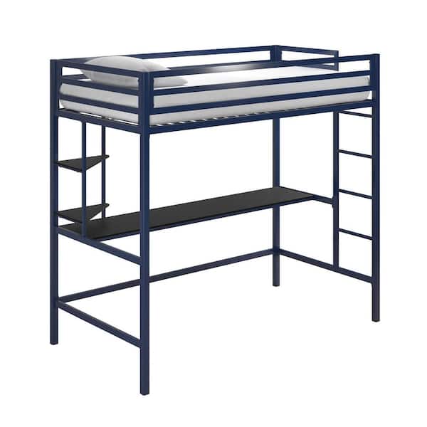 Novogratz Maxwell Metal Twin Loft Bed with Desk and Shelves, Blue/ Black