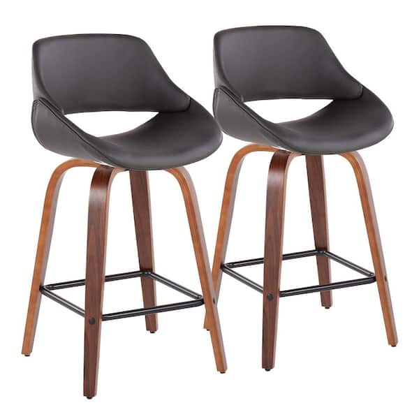 Lumisource Fabrico 38 in. Grey Faux Leather and Walnut Wood High Back Counter H Bar Stool with Square Black Footrest (Set of 2)