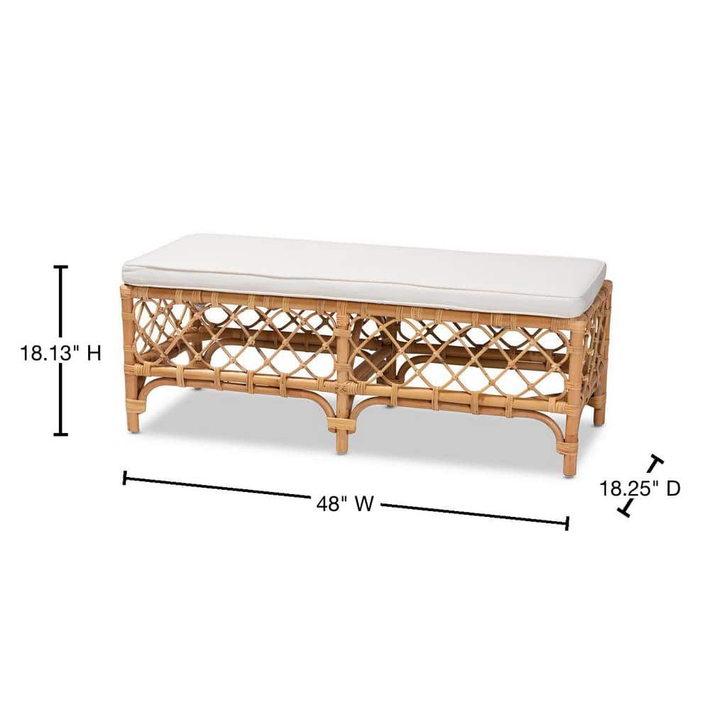 Serene Orchard White Fabric and Natural Rattan Bench - 48"