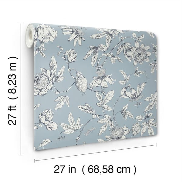 York Wallcoverings Passion Flower Toile Sky Blue Wallpaper Roll