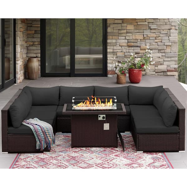 FINCATI Large Size 9-Piece Espresso Wicker Patio Conversation Deep Seating Sectional Sofa Set with Fire Pit and Grey Cushions
