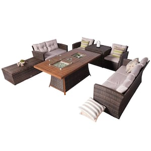 ELLE Brown 7-Piece Wicker Patio Fire Pits Table Patio Conversation Sofa Set with Gray Cushions