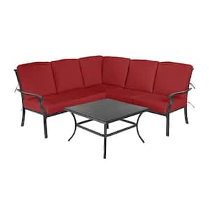 Redwood Valley Black 4-Piece Steel Outdoor Patio Sectional Sofa Set with CushionGuard Chili Red Cushions