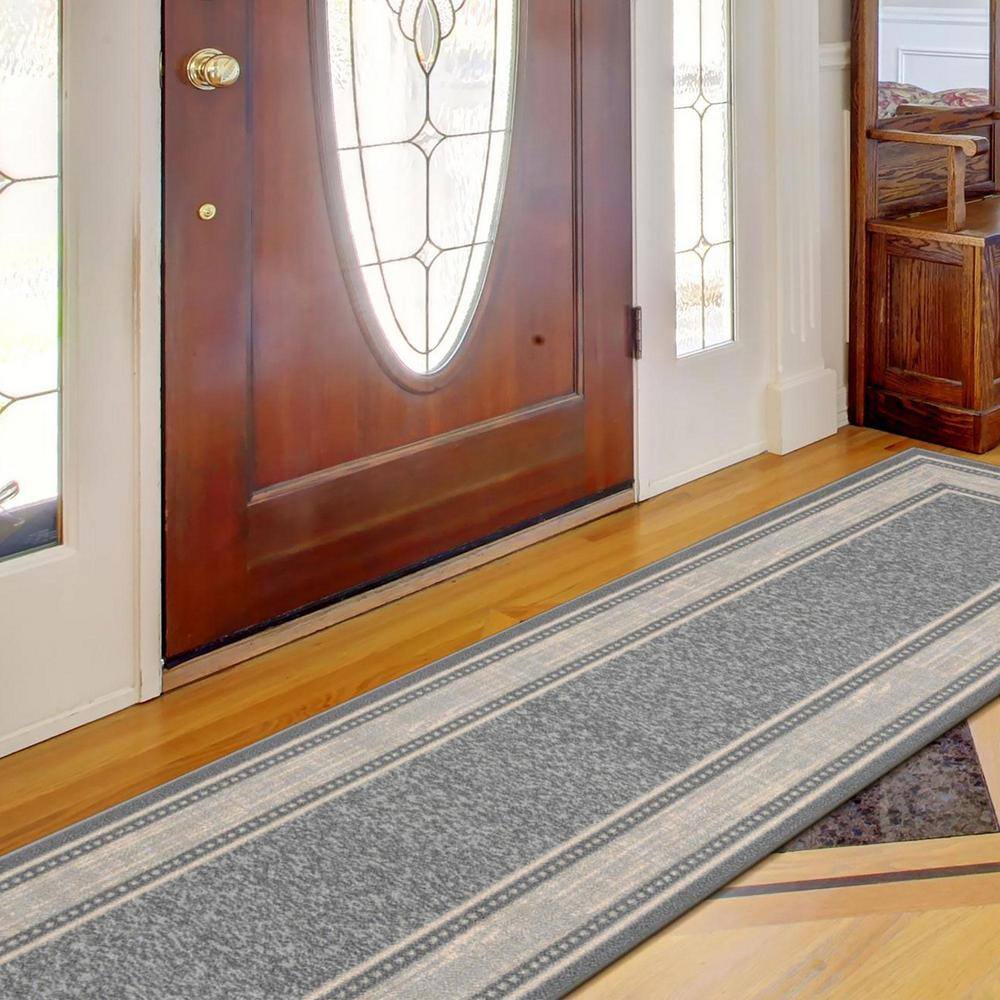 Light Gray Bordered Non-Slip Synthetic Runner Rug, 1'10" x 7'