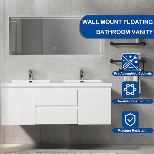 60 in. Wall-Mounted Floating Bath Vanity in Gloss White with Double Solid Surface Sink Top in White