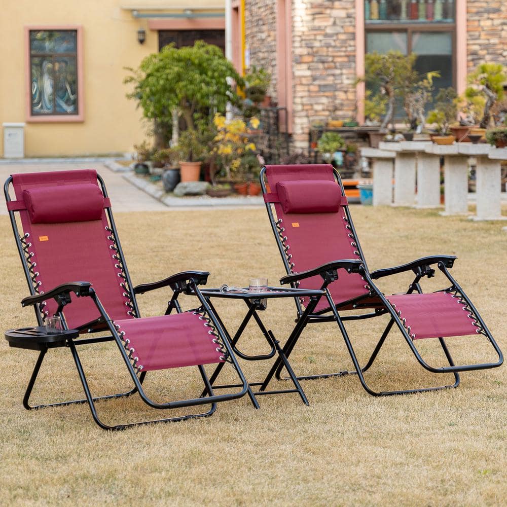 Wine Red Steel Zero Gravity Folding Lounge Chair Set with Cushions