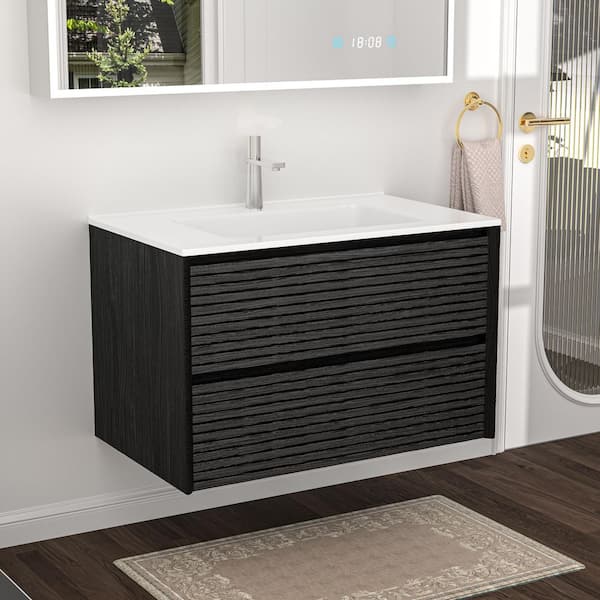 30 in. W Floating Bath Vanity in Dark Oak with White Ceramic Top