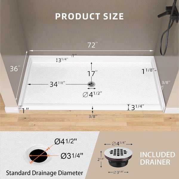 72 in. L x 36 in. W White Alcove Shower Pan Base Acrylic Rectangular ADA Shower Tray with Pre-Drill Center Drain Hole