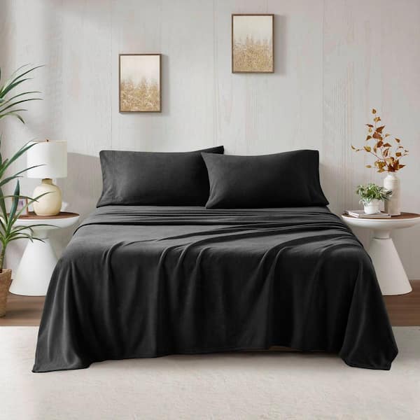Micro Fleece 4-Piece Black Polyester Queen Sheet Set
