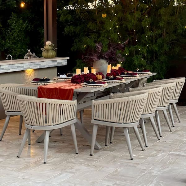 11 Piece Aluminum All-Weather PE Rattan Rectangular Outdoor Dining Set with Cushion, Champagne