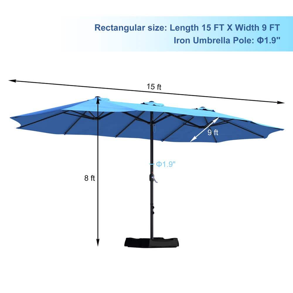 15 Ft Turquoise and Black Steel Patio Market Umbrella with Base