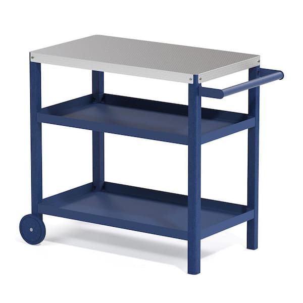 Sudzendf Navy Blue Outdoor Prep Cart Movable Dining Cart Table BBQ Grill Cart