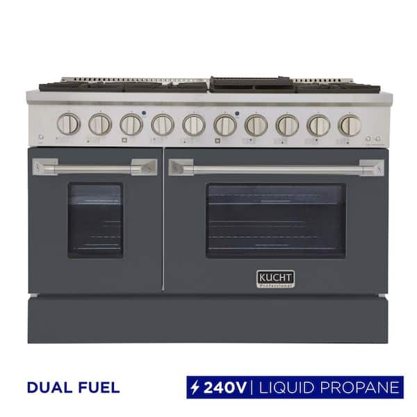 48 in. 6.7 cu. ft. 8-Burners Double Oven Dual Fuel Range Propane Gas in Stainless Steel and Cement Gray Oven Doors