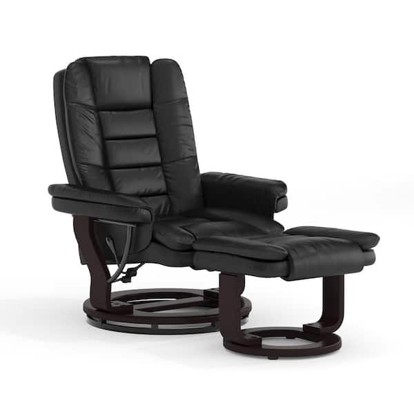 Flash Furniture Contemporary Black Leather Recliner and Ottoman with Swiveling Mahogany Wood Base