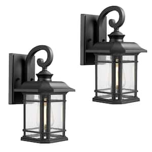 Black Outdoor Hardwired Wall Lantern Sconce with Clear Seeded Glass No Bulbs Included (2-Pack)