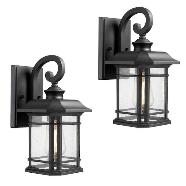 JAZAVA Black Outdoor Hardwired Wall Lantern Sconce with Clear Seeded Glass No Bulbs Included (2-Pack)