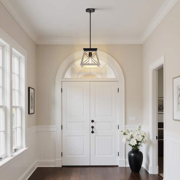 1-Light Light Wood Grain Pendant Light, Vintage Industrial Hanging Chandelier with Iron Rod for Kitchen Island Bedroom