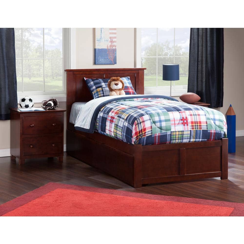 Walnut Twin XL Platform Bed with Storage Drawers and Headboard