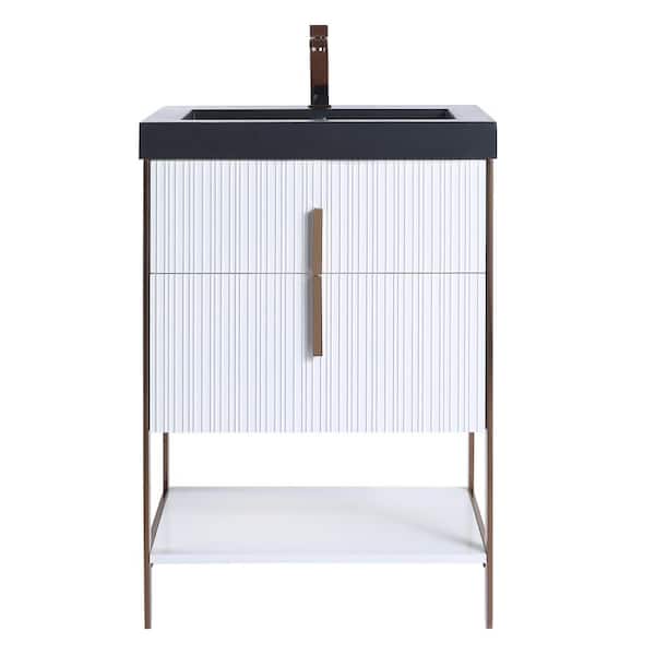 FINE FIXTURES 24 in. W x 18 in. D x 33.5 in. H White Bath Vanity with Gel Coated Acrylic Top in Black with Rose Gold Hardware
