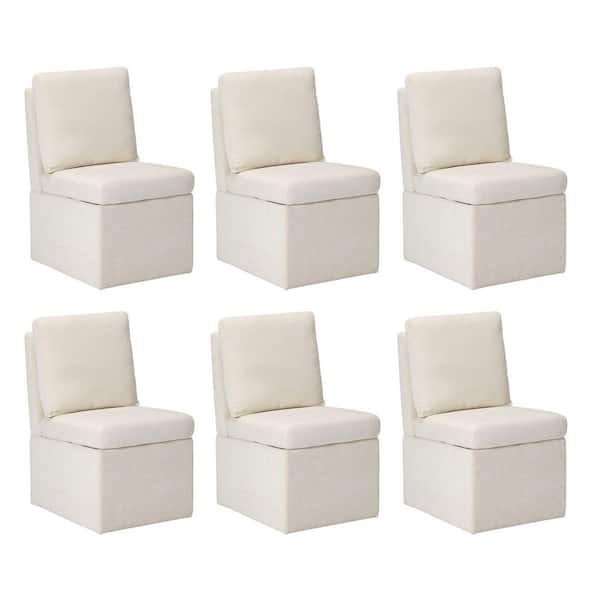 WESTINFURNITURE Stansberry Chenille Cream Fabric Upholstered Armless Dining Chair with Lift-Seat Storage and Caster Wheels (Set of 6)