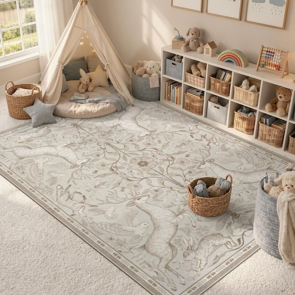 Modern Woodland Animal Deer Botanical Washable Non Slip Beige 6 ft. x 9 ft. Living Room Bedroom Kids Room Area Rug