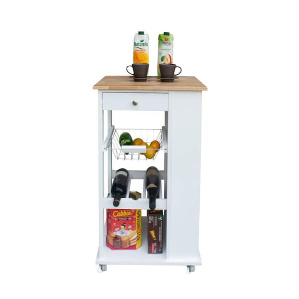 White MDF Small Kitchen Island with Drawer, Storage Shelves and Wine R