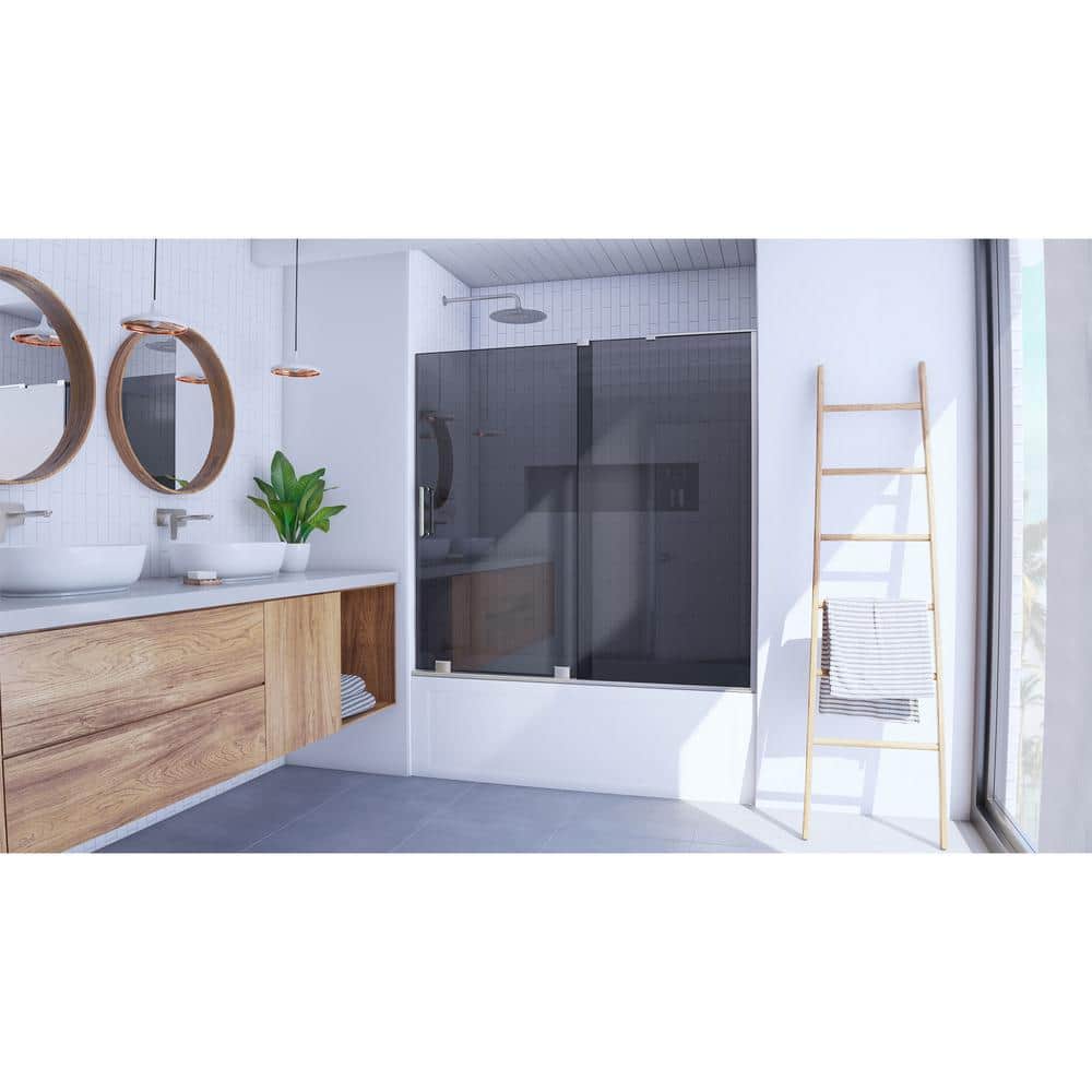 Mirage-X Brushed Nickel Frameless Sliding Tub Door with Smoke Gray Glass