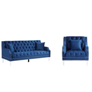 2-Piece Blue Living Room Couches Fabric Dutch Velvet, Chair Sofa Top
