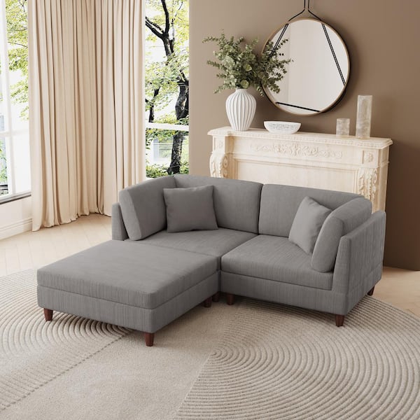 Uixe 80 in. Straight Arm 3-Piece Corduroy Upholstered L-Shaped Sectional Sofa in Light Gray