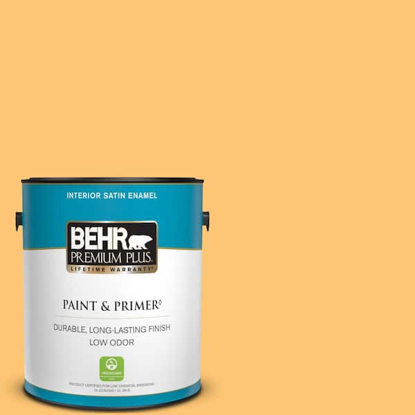 BEHR PREMIUM PLUS 1 gal. #BIC-42 Liquid Gold Satin Enamel Low Odor Interior Paint & Primer
