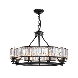 Luxury 8-Lights Round Vintage Black Iron Pendant Design Crystal Chandelier for Dining Room Bedroom Living Room