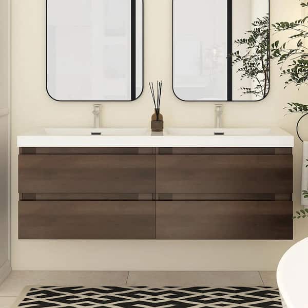 Boosicavelly 58.5 in. W x 19.5 in. D x 22.5 in. H Double Sink Wall-Mounted Bath Vanity in Grey Oak with White Resin Top