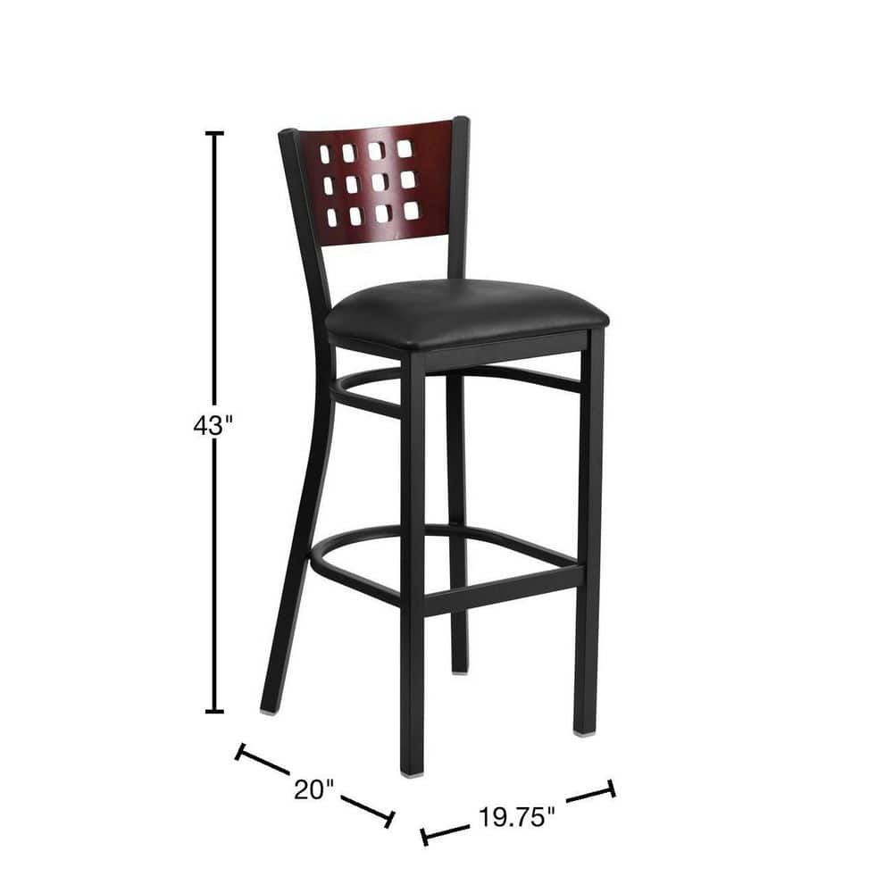 Mahogany Wood Back Black Vinyl Seat Metal Barstool