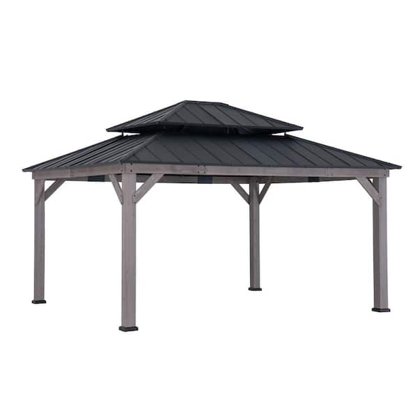 Sunjoy Archwood 13 ft. x 15 ft. Outdoor Patio Cedar Framed Hard Top Gazebo with Black Steel 2-Tier Hip Roof for Lawn, Backyard