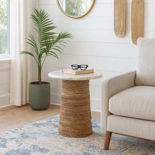 17 in. Ivory Round Stone Capiz Top Pandan Base End Table