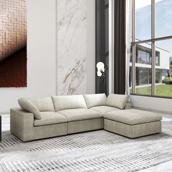 J&E Home 4-Piece Light Brown Linen L Shaped Sectional Sofa Living Room Set with Removable Covers and Ottoman