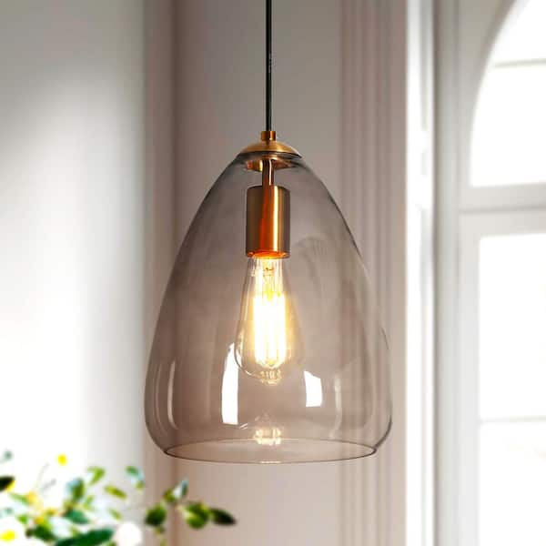Uolfin Transitional Kitchen Island Pendant Light 1-Light Modern Plating Brass Bell Pendant Light with Smoked Clear Glass Shade