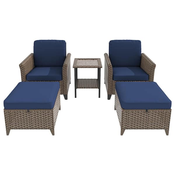 INMITOM 5-Piece Outdoor Wicker Conversation Set with Blue Cushions, Footstool. Side Table