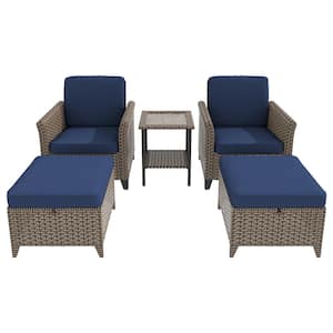 5-Piece Outdoor Wicker Conversation Set with Blue Cushions, Footstool. Side Table