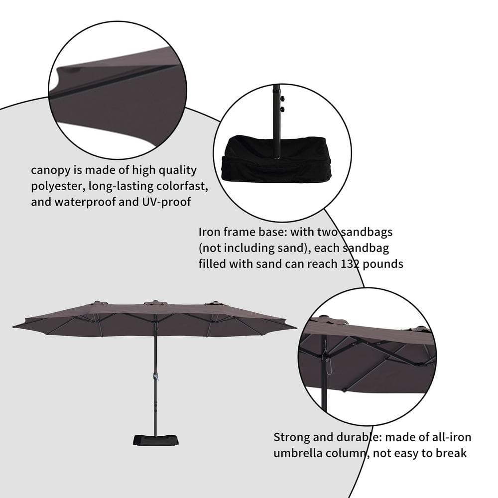 15 ft. Brown Aluminum Market Patio Umbrella with Stand
