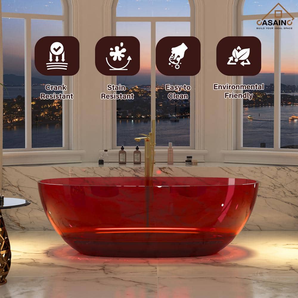 67'' Wine Red Transparent Resin Freestanding Soaking Bathtub
