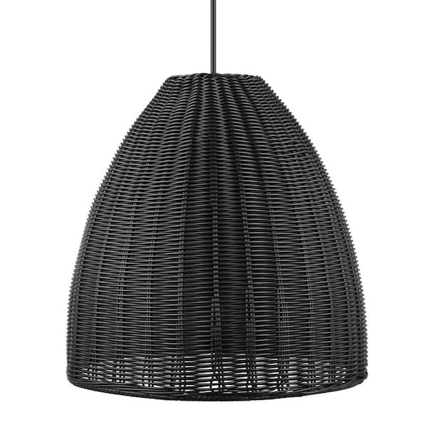 Hampton Bay Hemmens 16 in. 1-Light Black Outdoor Hanging Light Pendant Light with Black Resin Wicker Shade