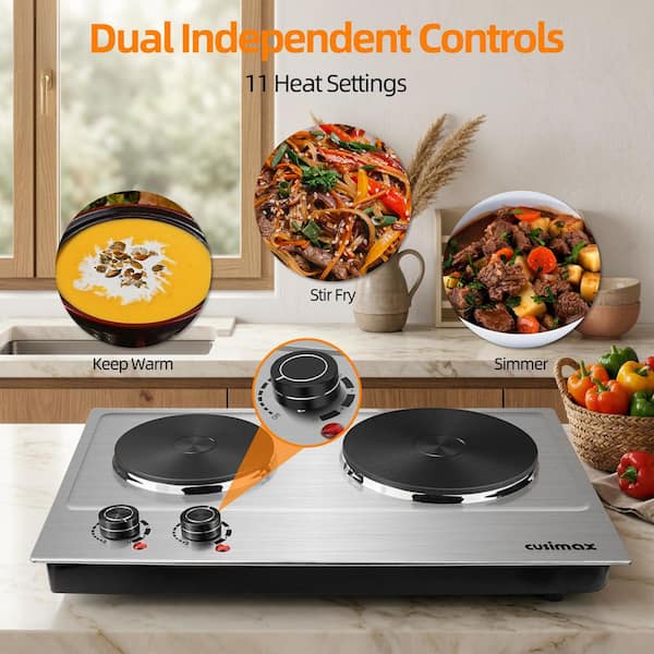Portable 2-Burner 7.4 in. Silver Electric Hot Plate Countertop Burner